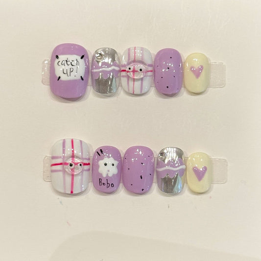 KAPOWNAILS squoval nails featuring kawaii design - cute bunny & bear, playful stripes, sweet hearts, fun text, handcrafted quality, 10-piece set