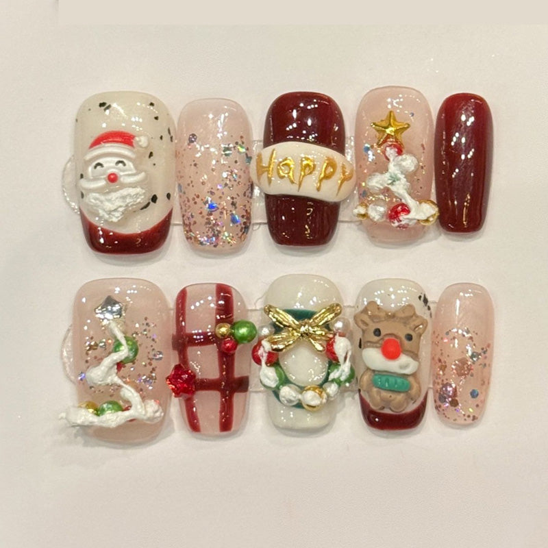KAPOWNAILS squoval short nails featuring joyful Christmas design - Santa, gingerbread man, festive wreath, holographic glitter, handcrafted quality, 10-piece set