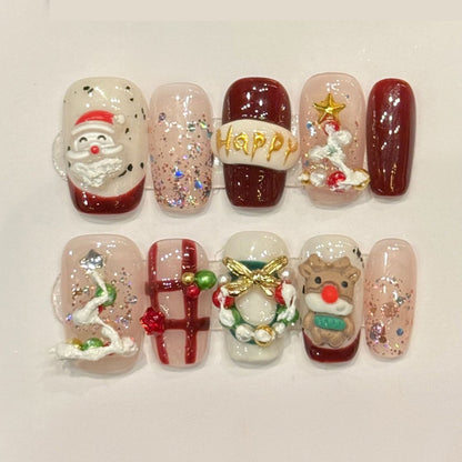 KAPOWNAILS squoval short nails featuring joyful Christmas design - Santa, gingerbread man, festive wreath, holographic glitter, handcrafted quality, 10-piece set