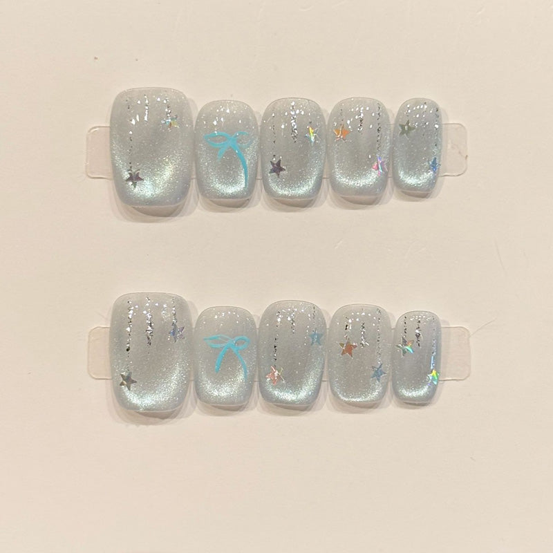 KAPOWNAILS squoval short nails featuring magical ocean design - holographic dolphin, pearl shimmer, starfish accents, handcrafted quality, 10-piece set