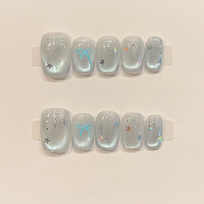 KAPOWNAILS squoval short nails featuring magical ocean design - holographic dolphin, pearl shimmer, starfish accents, handcrafted quality, 10-piece set