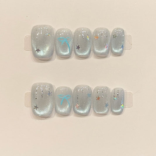 KAPOWNAILS squoval short nails featuring magical ocean design - holographic dolphin, pearl shimmer, starfish accents, handcrafted quality, 10-piece set