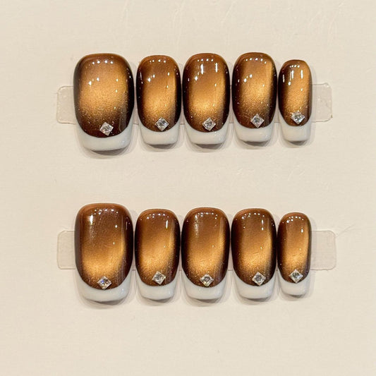 KAPOWNAILS squoval short nails featuring ombre design - chocolate brown gradient, sparkling crystals, white tips, gold shimmer, handcrafted quality, 10-piece set