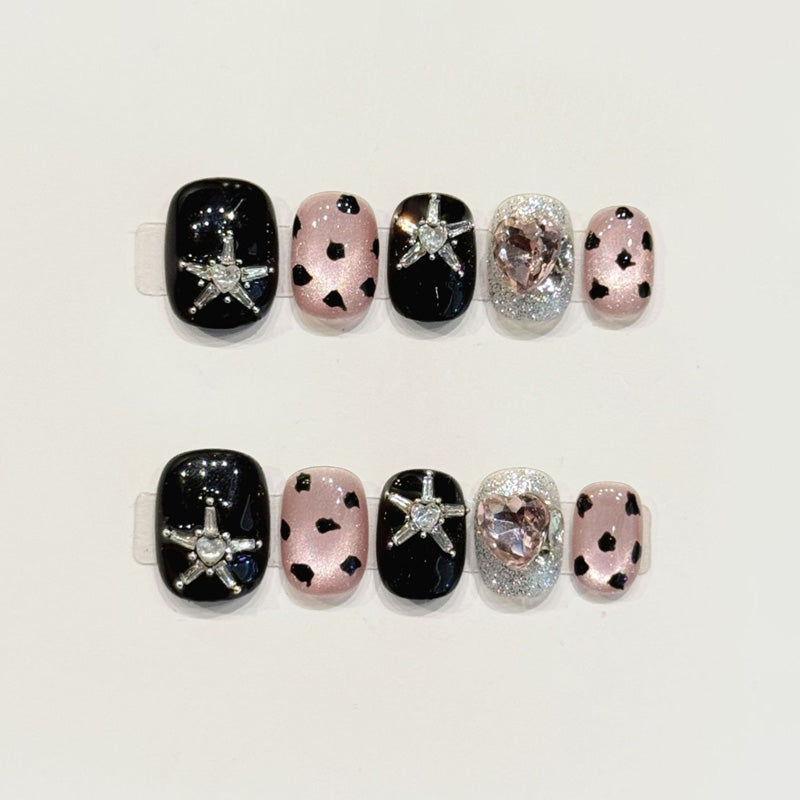 KAPOWNAILS squoval short nails featuring sophisticated design - 3D silver starfish, pink gemstone, heart patterns, handcrafted quality, 10-piece set