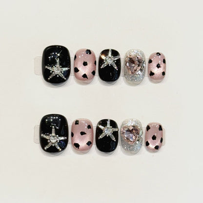 KAPOWNAILS squoval short nails featuring sophisticated design - 3D silver starfish, pink gemstone, heart patterns, handcrafted quality, 10-piece set