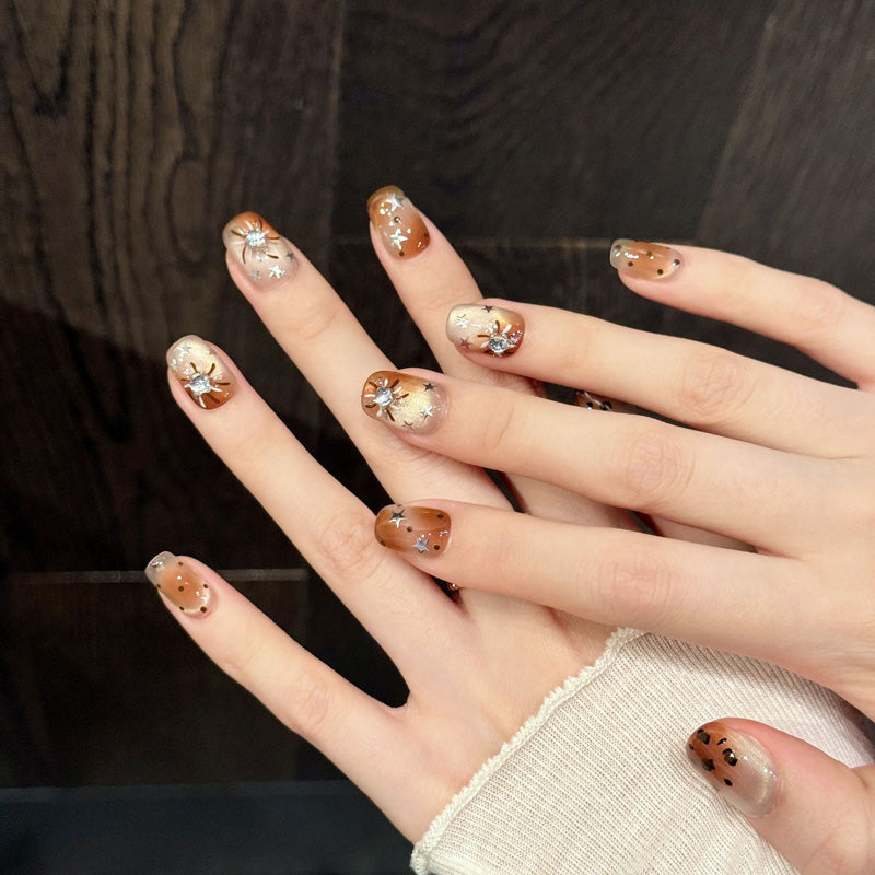 KAPOWNAILS squoval short nails featuring wild celestial design - leopard spots, silver stars, crescent moon, brown ombre, handcrafted quality, 10-piece set