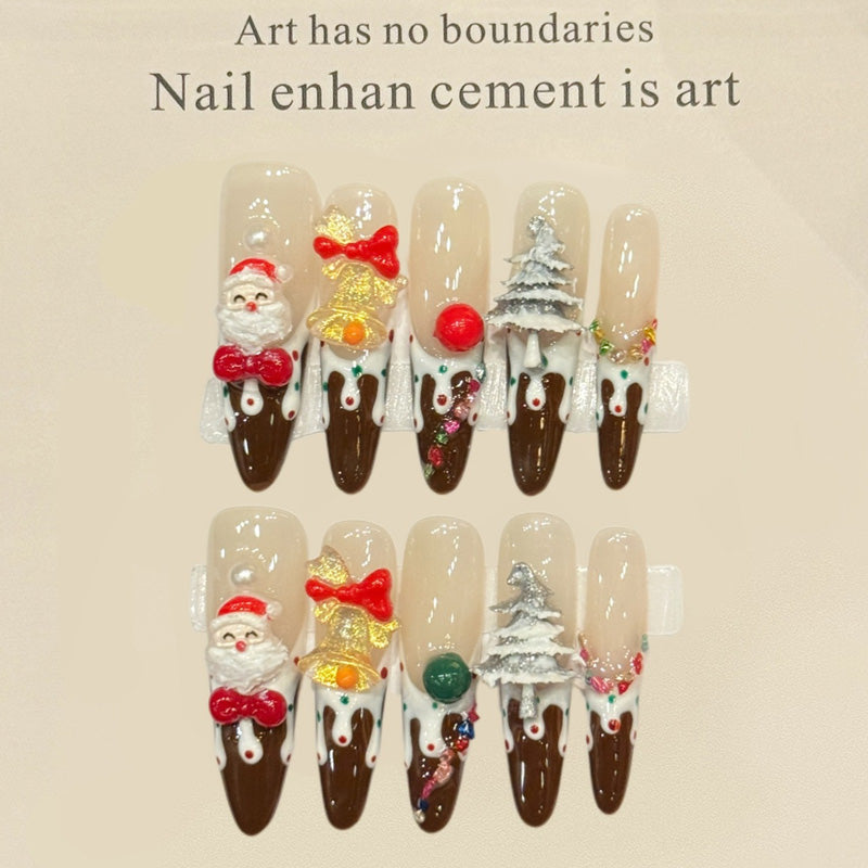 KAPOWNAILS stiletto long nails featuring adorable holiday design - Santa, golden bells, silver tree, chocolate drip, handcrafted quality, 10-piece set