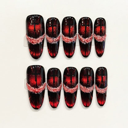 KAPOWNAILS stiletto long nails featuring bold design - vibrant red glitter gradient, delicate pink lace, black base, handcrafted quality, 10-piece set