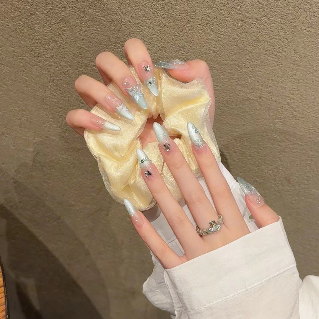 KAPOWNAILS stiletto long nails featuring enchanting butterfly design - ethereal pearl white, soft pink, shimmering chrome, 10-piece dreamy set