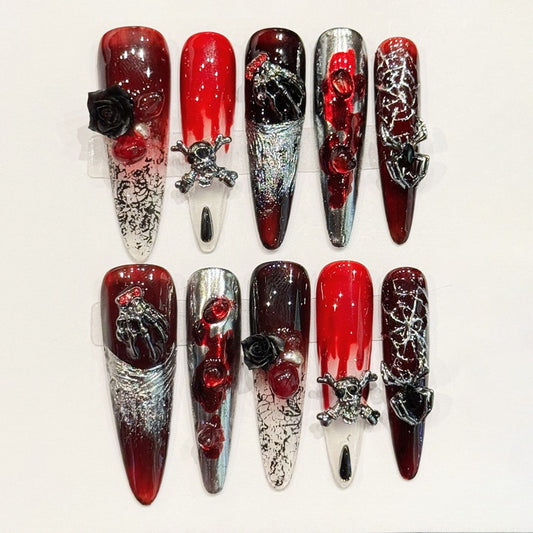 KAPOWNAILS stiletto long nails featuring gothic design - luxurious black rose, edgy skull, metallic silver, red gradient, handcrafted quality, 10-piece set