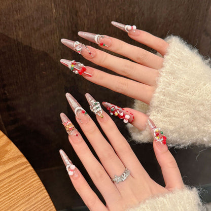 KAPOWNAILS stiletto long nails featuring luxurious holiday design - 3D red bows, sparkling gemstones, pearl accents, handcrafted quality, 10-piece set