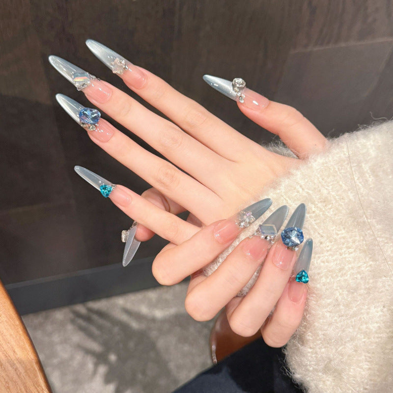 KAPOWNAILS stiletto long nails featuring majestic blue gems & chrome finish - dramatic length, luxurious design, handcrafted quality, 10-piece set