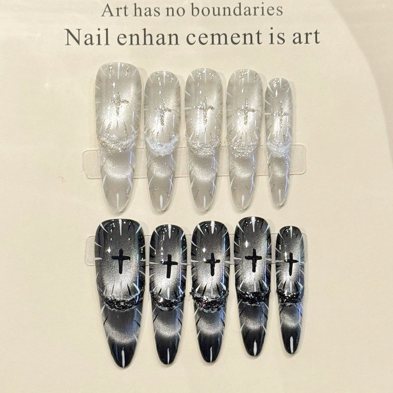 KAPOWNAILS stiletto long nails featuring meaningful cross design - radiant silver rays, luxurious chrome, handcrafted quality, 10-piece spiritual set