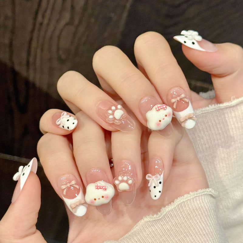 Kawaii oval nails with 3D cow, bear, bow, pearl & pink gradient - perfect for kawaii cow bear bow pearl gradient sweet charm & adorable style