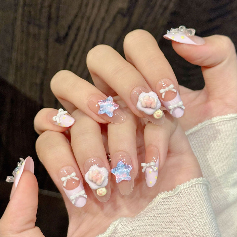 Kawaii oval nails with 3D purple flower, holographic star, hearts & polka dots - perfect for purple flower star heart pastel kawaii sweet charm style