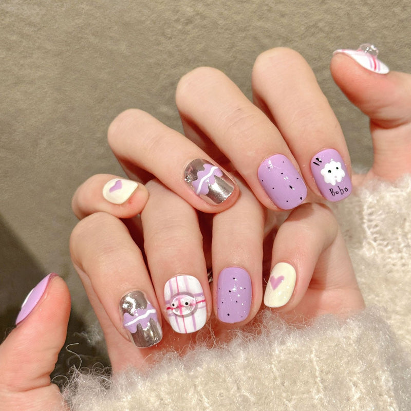 Kawaii squoval nails with bunny, bear, stripes, hearts & text - perfect for purple bunny bear stripe heart kawaii playful charm & adorable style