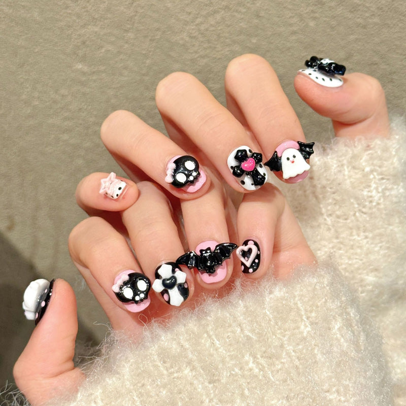 Kawaii squoval short nails with 3D ghost, skull, bat, heart & polka dots - perfect for kawaii ghost skull bat heart gothic charm & spooky style