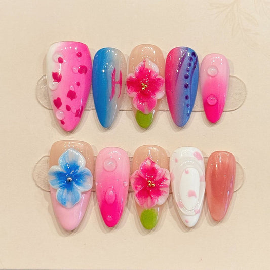 Luminous jelly almond press-ons with 3D translucent florals, hot pink-blue gradients & rhinestones - handcrafted glass-like nail art