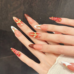 Almond Nails Burgundy Gold Cross Pearl Stripe Luxury Glam