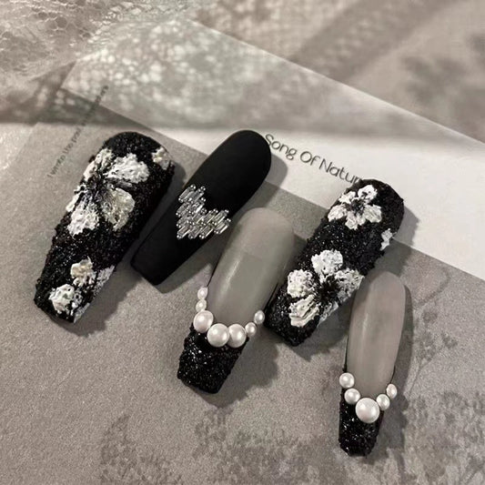 Luxurious coffin medium press-on nails with black, grey, 3D flowers, pearls & teddy bear charm - perfect for evening soirees & gala events