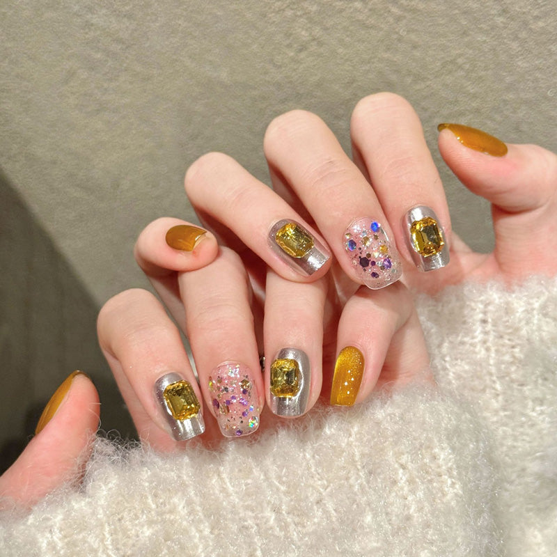 Luxurious coffin nails with yellow citrine, large crystals, silver chrome & multicolor glitter - perfect for yellow citrine crystal chrome glitter bold glam
