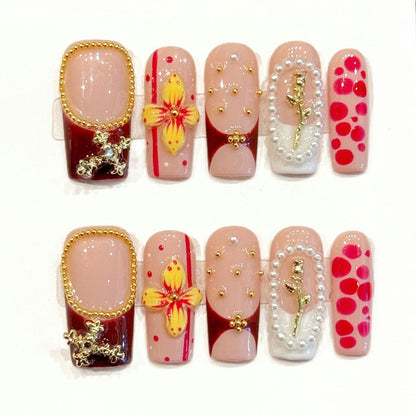 Luxurious handmade squoval nails with burgundy, pearls & gold chains - Opulent elegance, reusable - Applies in 15 minutes