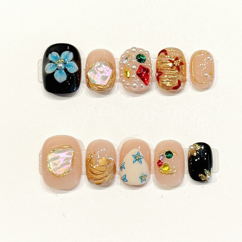 Luxurious handmade squoval nails with moon, stars, 3D flower & strawberries - Maximalist elegance, reusable - Applies in 15 minutes
