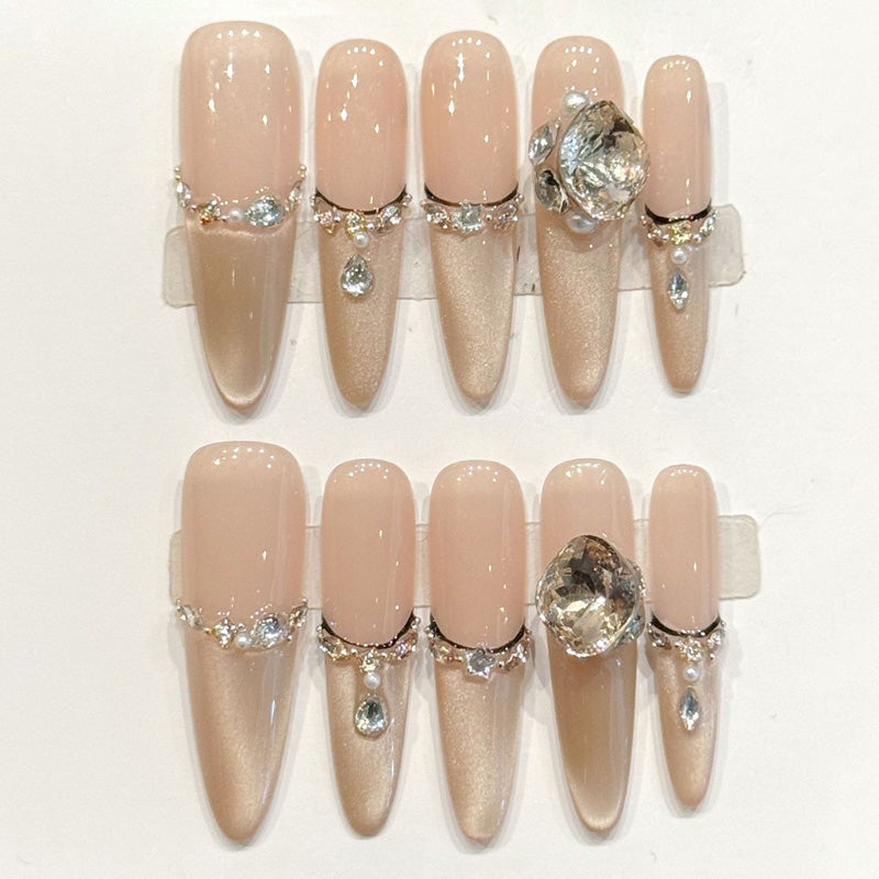 Luxurious handmade stiletto long nails with oversized diamond, rhinestone chains & dangles - Bridal opulence - Applies in just 15 minutes