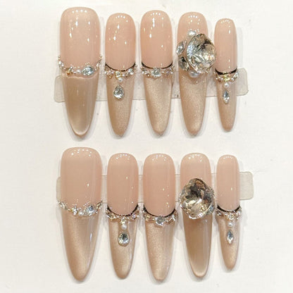 Luxurious handmade stiletto long nails with oversized diamond, rhinestone chains & dangles - Bridal opulence - Applies in just 15 minutes