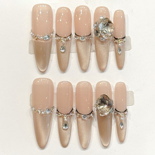 Luxurious handmade stiletto long nails with oversized diamond, rhinestone chains & dangles - Bridal opulence - Applies in just 15 minutes