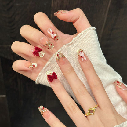Luxurious press-on nails with 3D velvet bow