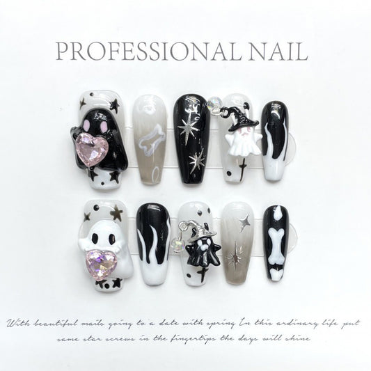 Magical Halloween witch ghost coffin press-on nails with mixed sizes, featuring cute witches, floating ghosts, and sparkling stars