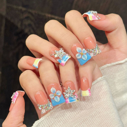 Magical duck nails with silver stars, blue flower, rainbow gradient & holographic glitter - perfect for rainbow unicorn kawaii magic & enchanting style