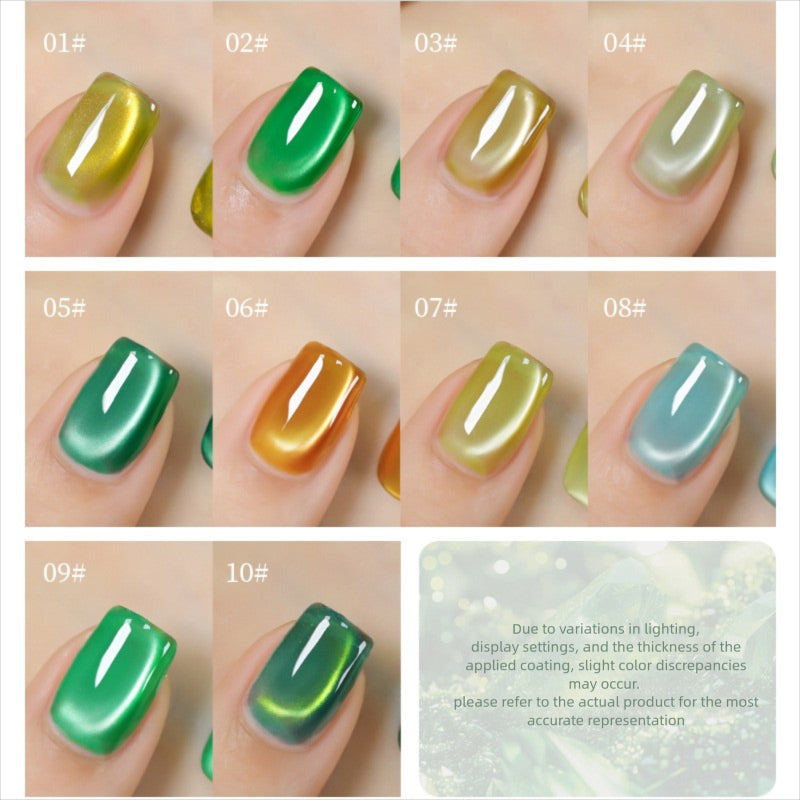 10 Colors 15ml Cloud Diamond Forest Green Cat Eye UV Nail Gel, Shiny Long Lasting Salon Grade