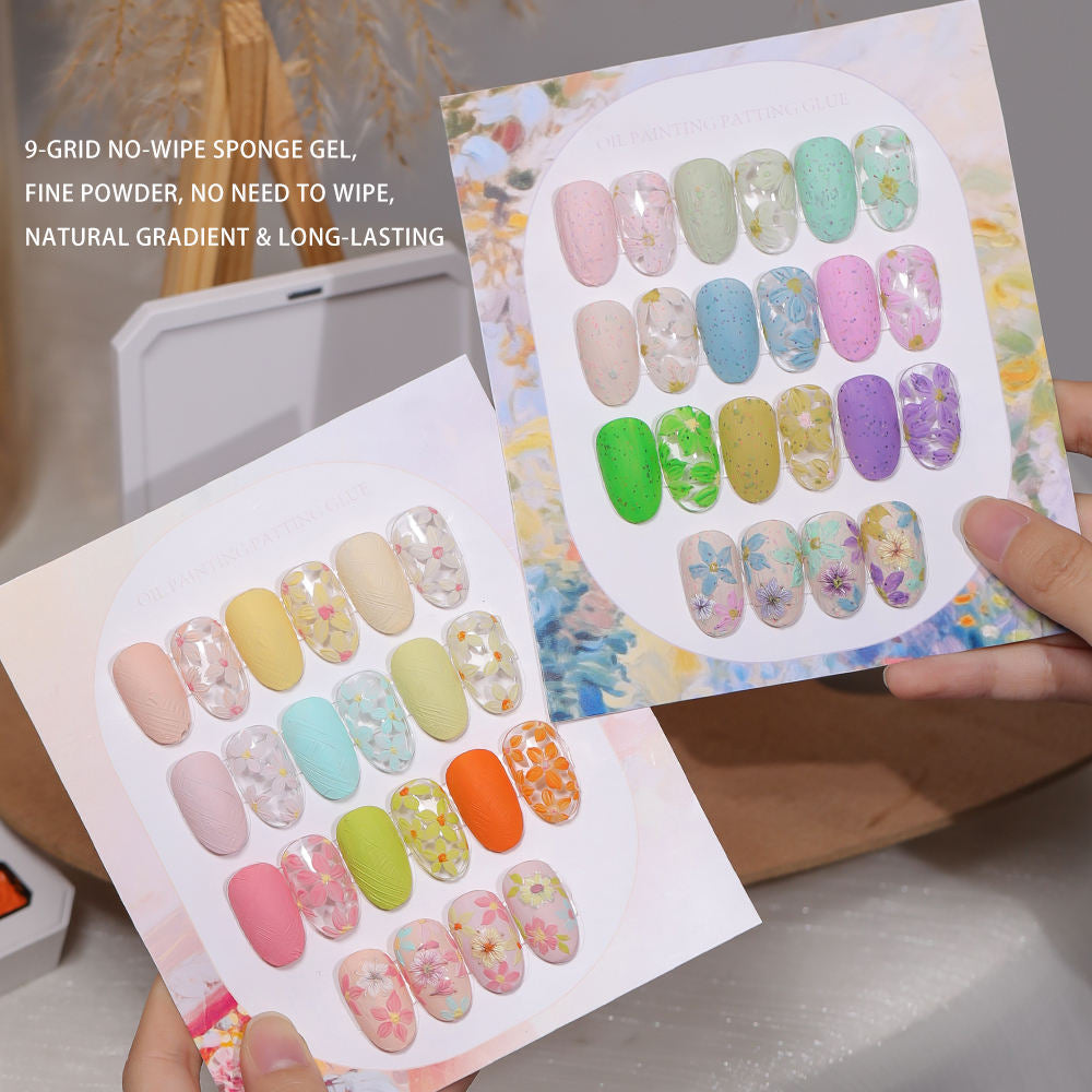 9 Grid Natural Gradient No-Wipe Patting UV Nail Gel, Long-Lasting Silk Smooth Oil Painting Sponge Gel
