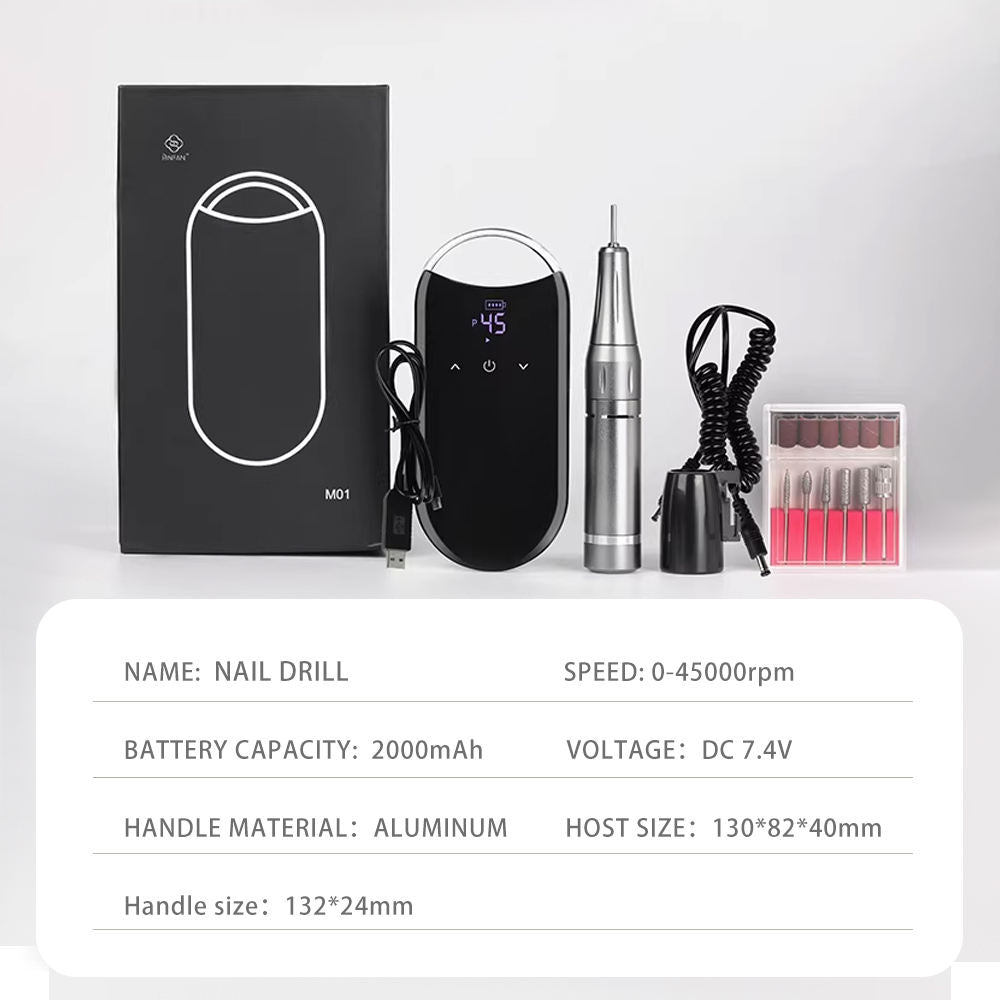 45000RPM Cordless Electric Nail Drill, Touch Screen 2000mAh Alloy Portable Nail File