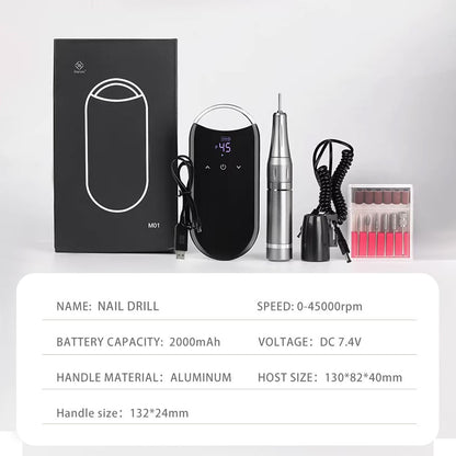 45000RPM Cordless Electric Nail Drill, Touch Screen 2000mAh Alloy Portable Nail File