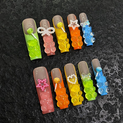 KAPOWNAILS Rainbow Gummy Bear Press - ons, Colorful 3D Bear & Bow Decor