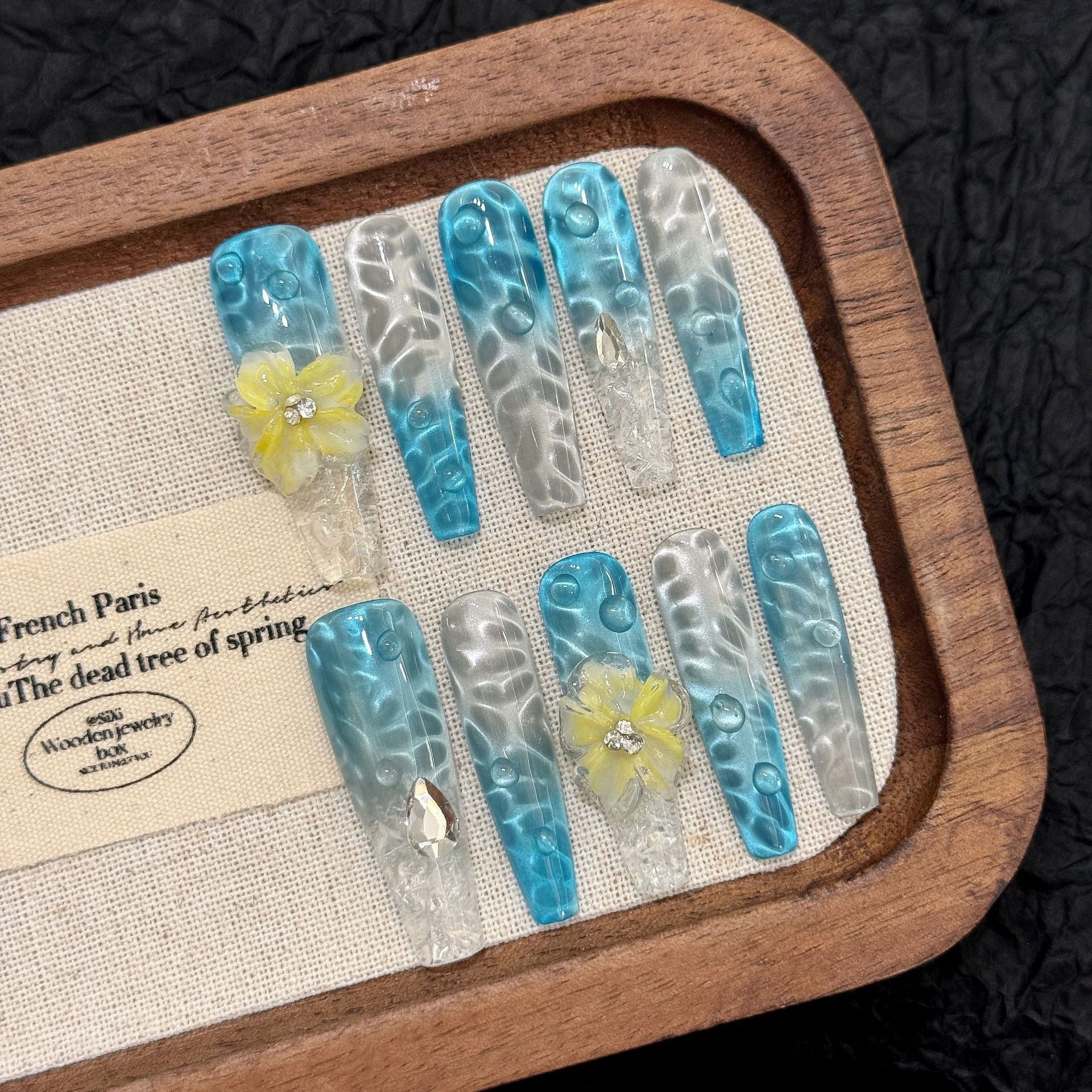 KAPOWNAILS Blue - White Wave Press - ons, Yellow Flower & Gem Accents