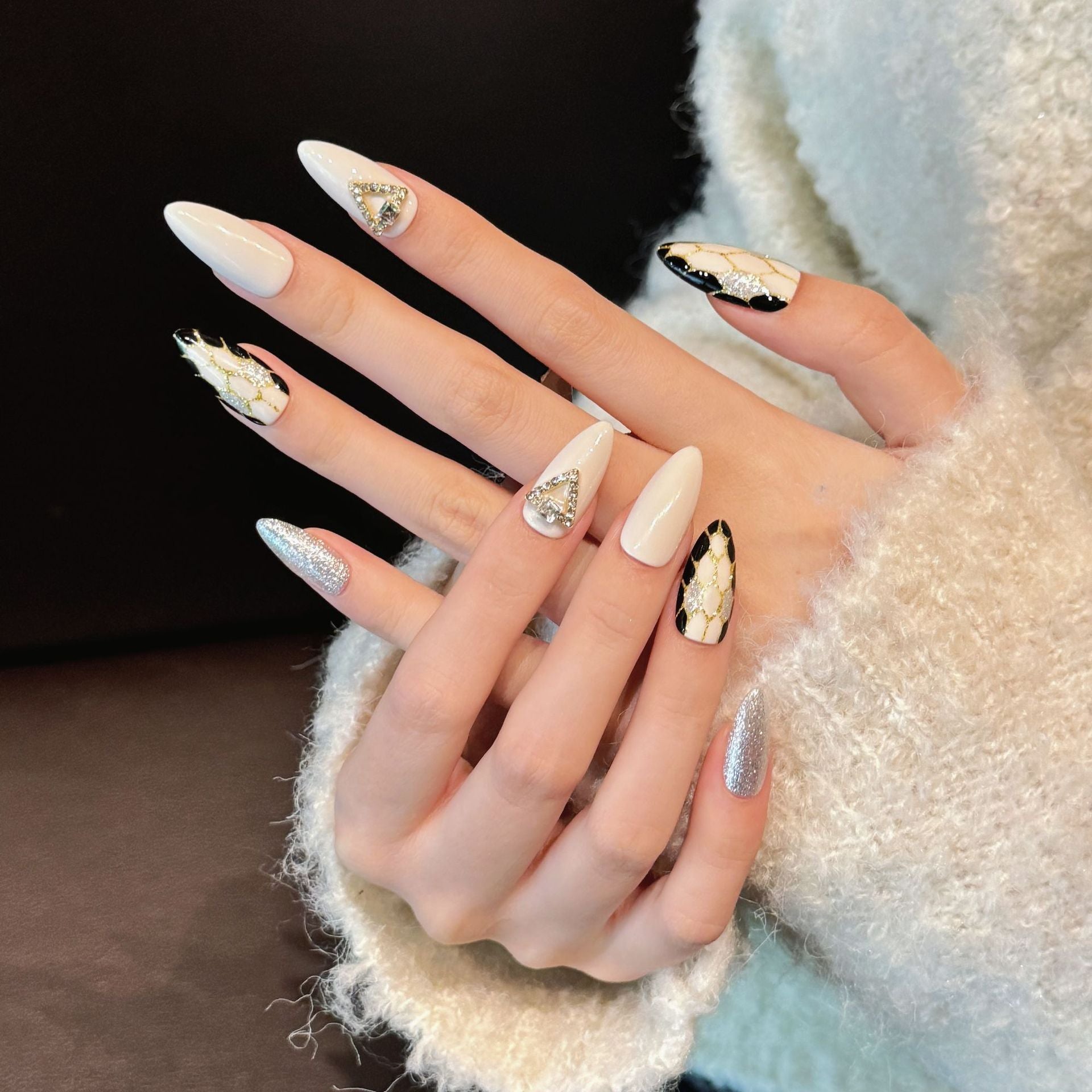 KAPOWNAILS Beige - Black Rhinestone Press - ons, Minimalist Short Stiletto Nails
