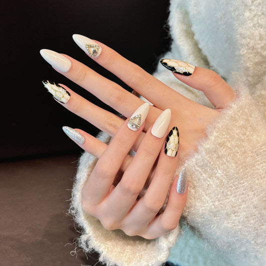 KAPOWNAILS Beige - Black Rhinestone Press - ons, Minimalist Short Stiletto Nails
