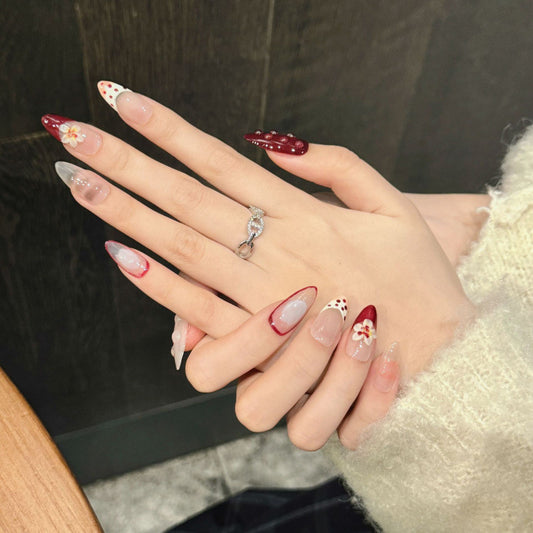 Almond Press-On Nails French Heart