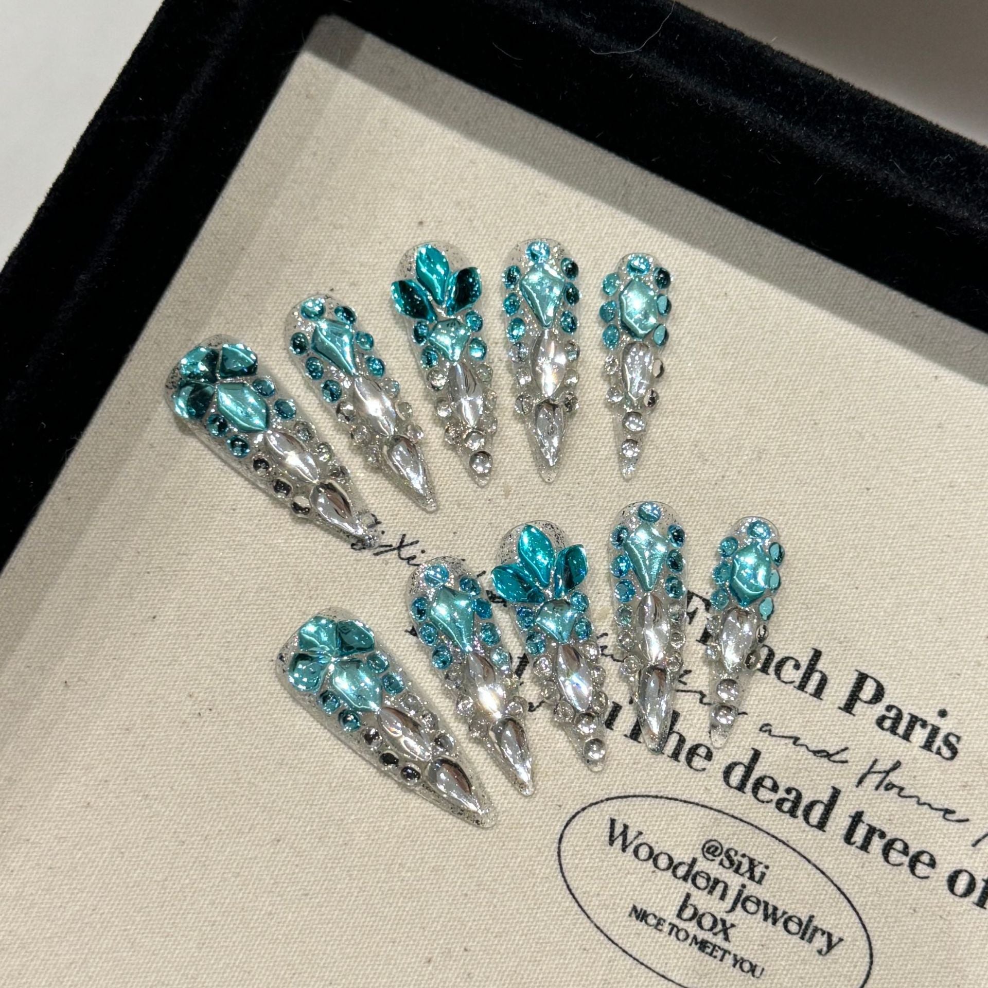 KAPOWNAILS Teal Rhinestone - Encrusted Stiletto Press - on Nails, Luxe Crystal - Decorated Wearable Nail Art