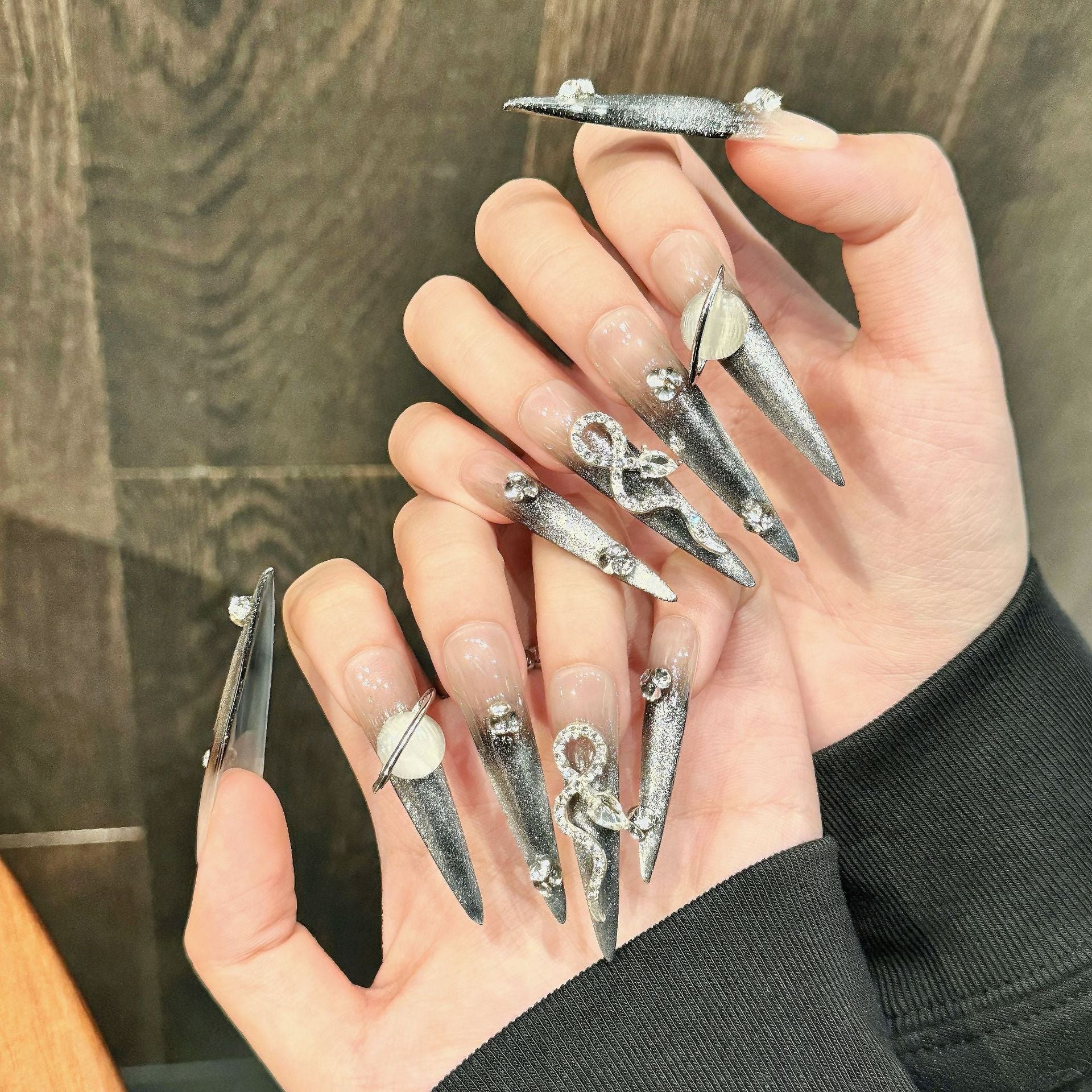 KAPOWNAILS Silver Stiletto Press - on Nails with Rhinestone & Metal Accents, Edgy Long Wearable Nail Art
