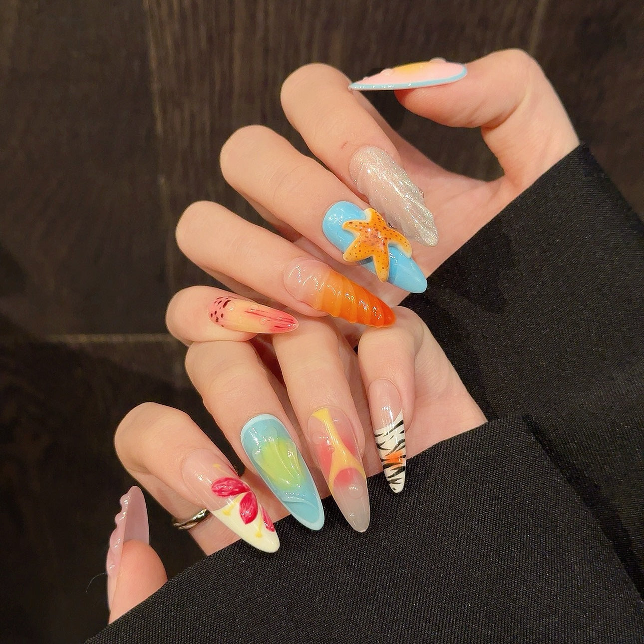KAPOWNAILS 3D Starfish & Flower Design Press - on Nails, Colorful Gradient & Patterned Wearable Art Nails