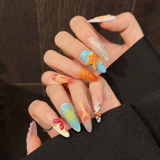 KAPOWNAILS 3D Starfish & Flower Design Press - on Nails, Colorful Gradient & Patterned Wearable Art Nails