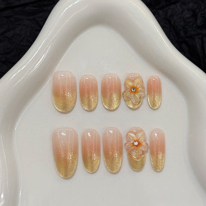KAPOWNAILS Golden Glitter Gradient Press - on Nails with 3D Flower Accents, Elegant Shimmering Wearable Nail Art