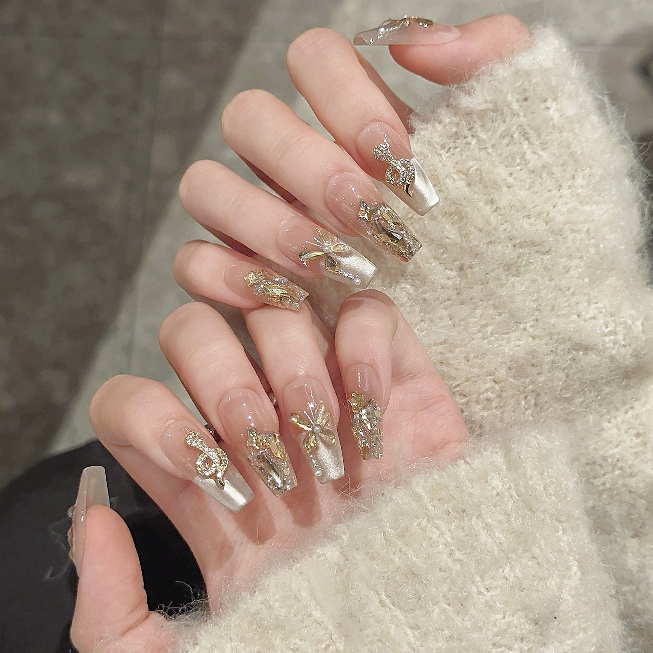 KAPOWNAILS Luxury Press-On Nails – Gold Embellished Long Stiletto with Rhinestones & 3D Bows