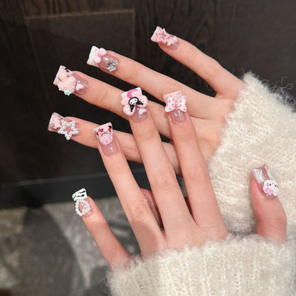 KAPOWNAILS Pink Cartoon Press - ons, Hello Kitty & 3D Bow Decor
