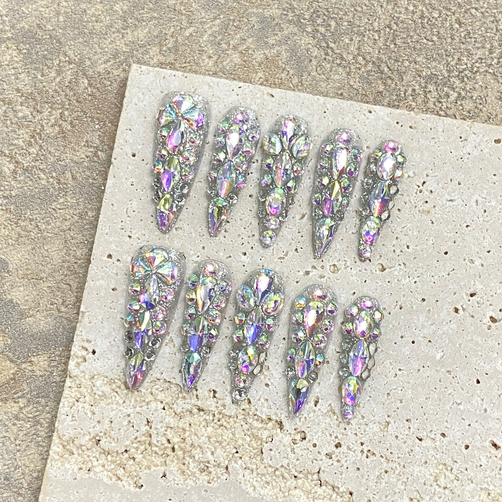 KAPOWNAILS Rhinestone - Encrusted Stiletto Press - on Nails, Sparkling AB Crystal Decor, Glamorous Party - Ready Wearable Art